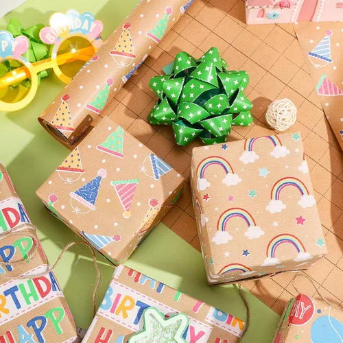 Miniatura 2 de RUSPEPA Rollos de papel kraft para envolver regalos - Diseño de arcoíris de cumpleaños colorido, total de 4 rollos (30 pulgadas x 10 pies, 4 rollos)