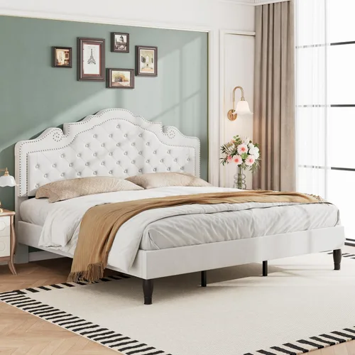 Miniatura 11 de WEEWAY Base de cama de plataforma de tamaño matrimonial con tiara ajustable de terciopelo, cabecero curvado y alta resistencia, botón tapizado