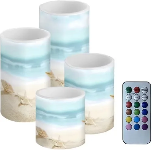 Miniatura 22 de Velas LED parpadeantes operadas por batería, juego de 4 con control remoto y temporizador, velas de llama danzante, velas de pilar para mesa, Playa