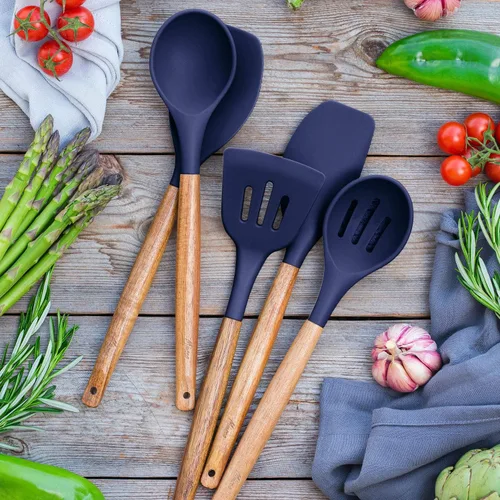 Miniatura 8 de Juego de utensilios de cocina de silicona antiadherente con mango de madera dura de acacia natural, 5 piezas, azul medianoche, sin BPA, utensilios