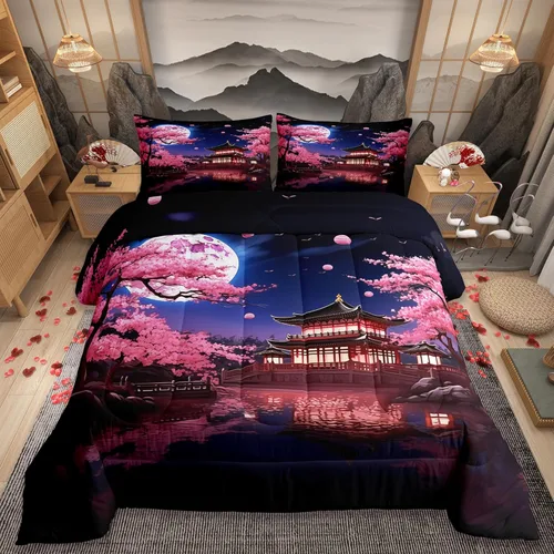 Miniatura 10 de Castle Fairy Juego de edredón con diseño de gato lindo para niños, tamaño twin, juego de ropa de cama con hojas de flores, luna, noche y cielo