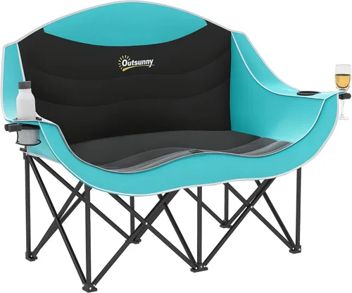Outsunny Double Camping Chair for Adults, Padded Folding Camp Chair for 2 Person with Armrest, Wine Glass Holder, Cup Holder, Carry Bag for Outdoor