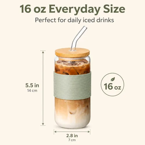 Miniatura 3 de Taza de bambú de vidrio de 16 onzas con tapa y pajita, juego de tazas de café de vidrio de 16 onzas, batido, cerveza, jugo, matcha, vasos estéticos