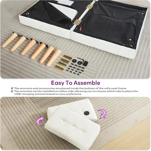 Miniatura 7 de TYBOATLE Sofá Cama Futon Plegable Convertible Tapizado en Cuero Sintético Blanco Moderno con USB, Sofá de 65", Muebles Sillones de Dos Plazas