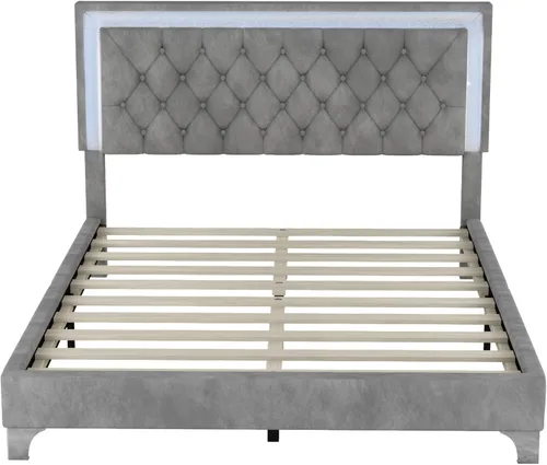Miniatura 4 de SOFTSEA Cama de tamaño Queen con luz LED, plataforma de terciopelo con cabecero copetudo para niños, adolescentes y adultos, cama de plataforma
