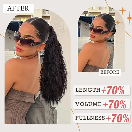 Miniatura 2 de Extensión de cola de caballo ondulada larga con pegamento mágico, resistente al calor, sintética, para envolver, cabello ondulado, para mujer
