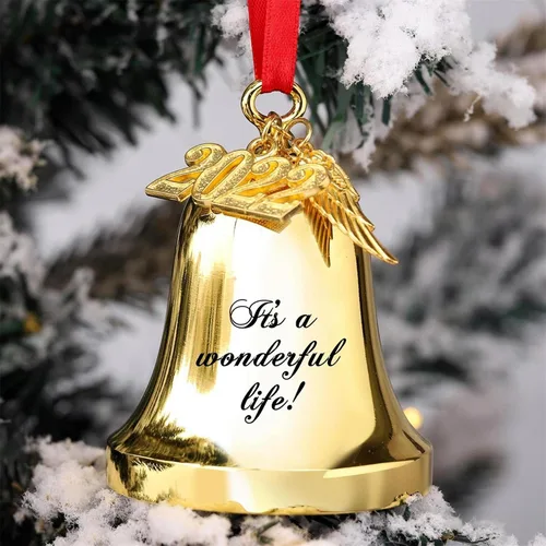 Miniatura 6 de JUPPE 2025 Campanas de Navidad Grabadas en Oro "Es una Maravillosa Vida" Adornos Colgantes para Árbol de Navidad Adornos de Boda y Aniversario