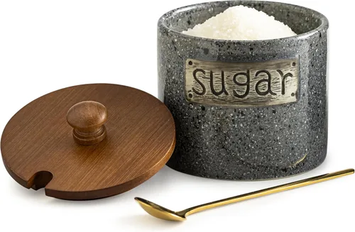 Miniatura 10 de LYEOBOH Azucarero de 15 onzas, recipiente para azúcar, contenedor rústico para azúcar con tapa de madera y cuchara para barra de café, apto