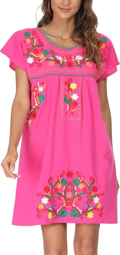 Miniatura 4 de YZXDORWJ - Vestido mexicano bordado de manga corta para mujer