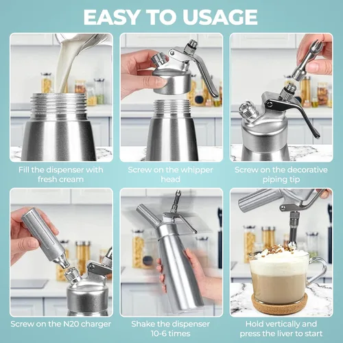 Miniatura 5 de Dispensador profesional de crema batida de 16.9 fl oz, batidor de crema de aluminio con 3 boquillas de decoración, máquina de postres sin fugas
