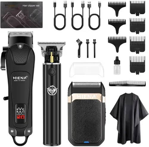HIENA PRO Juego de cortapelos profesional y kit de recortadora para hombres, cortadora de peluquería inalámbrica, afeitadora eléctrica de barba y