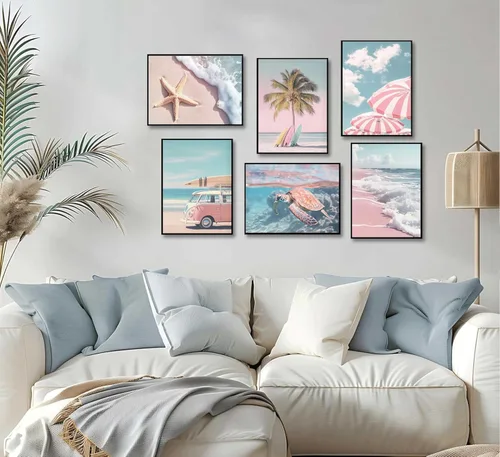 Miniatura 3 de 6 piezas de arte de pared de playa de verano fresco rosa tropical océano impresión de sillas de playa estrellas de mar tabla de surf palmera