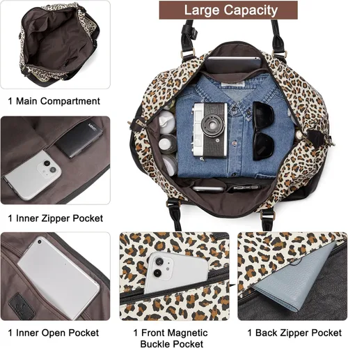 Miniatura 4 de CLUCI Bolsa de fin de semana para mujer, de cuero, grande, con compartimento para zapatos, Patrón de leopardo con negro