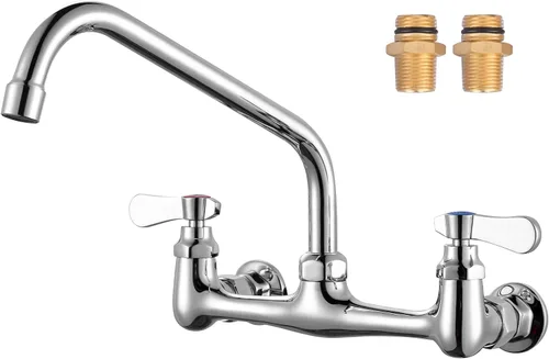 Miniatura 13 de Grifo de fregadero comercial con boquilla giratoria de cuello de cisne de 6 pulgadas, grifo de cocina de montaje en pared central de 8 pulgadas