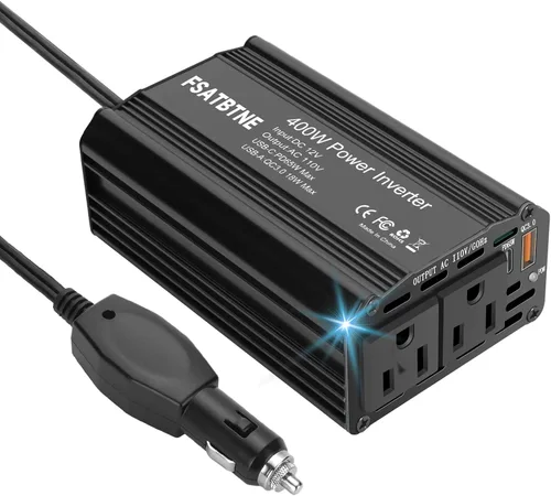Inversor de Potencia de 400W, FSATBTNE DC 12V a 110V AC Adaptador de Enchufe de Coche Convertidor de Salida con [65W PD USB-C] y [18W QC USB-A]