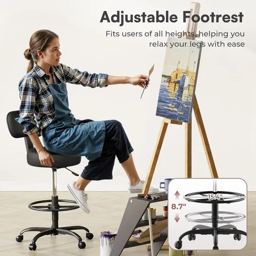 Miniatura 8 de SUPERJARE Silla de dibujo con respaldo, taburete con reposapiés ajustable, silla de escritorio de oficina multiusos, cojín de asiento grueso