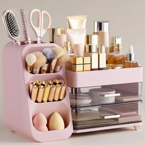 Miniatura 9 de HBlife Organizador de maquillaje con soporte para brochas para tocador, organizador grande de plástico para tocador de baño, almacenamiento