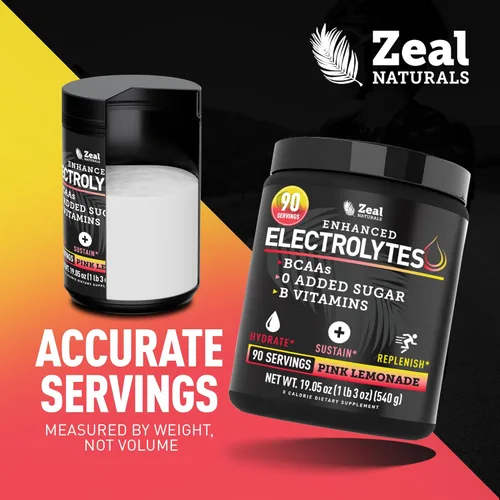 Miniatura 5 de Zeal Electrolyte Powder - 90 porciones Polvo de electrolitos Keto Cero azúcar, BCAAs, vitaminas B Potasio, zinc, magnesio Polvo