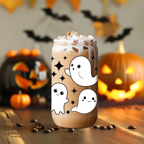 Miniatura 6 de Coolife Taza fantasma de Halloween, vaso de vidrio de 16 onzas con tapas y pajitas, taza de café helado espeluznante para batidos, bonitos regalos