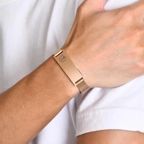 Miniatura 3 de Pulseras personalizadas de alerta médica para hombres, mujeres y niños, grabado gratuito, malla de acero inoxidable ajustable, pulsera