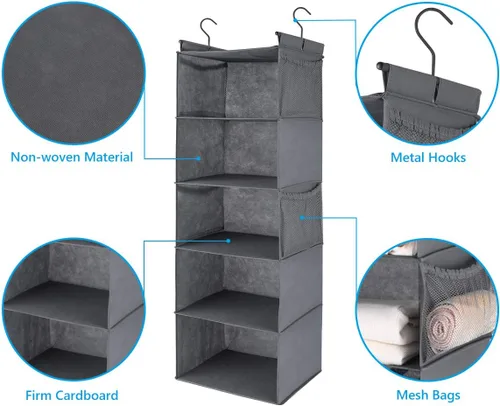 Miniatura 4 de MAX Houser Organizador de armario colgante de 5 estantes, ahorro de espacio, estantes colgantes de tela con 4 bolsillos laterales, plegable, gris