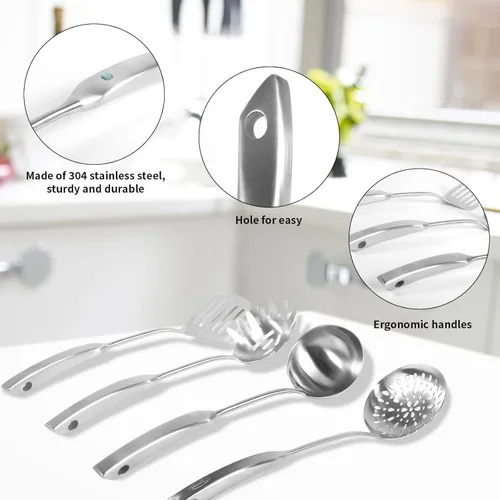 Miniatura 8 de Newness - Juego de 4 utensilios de cocina de acero inoxidable 304, accesorios de cocina de metal, incluye cucharón de sopa, cuchara espumadera
