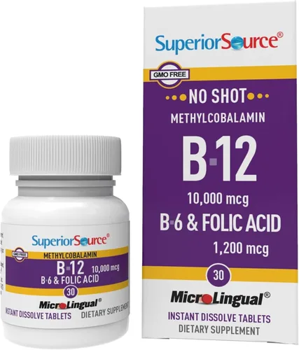 Superior Source No Shot Vitamina B-12 Metilcobalamina 10000 mcg, B-6 y ácido fólico 1200 mcg - Apoya la salud del cerebro y el corazón - Ayuda a los