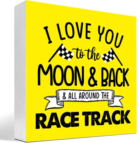 Miniatura 9 de Letrero de madera "I Love You To The Moon And Back And All Around The Race Track" para decoración de escritorio, letrero de caja con banderas a