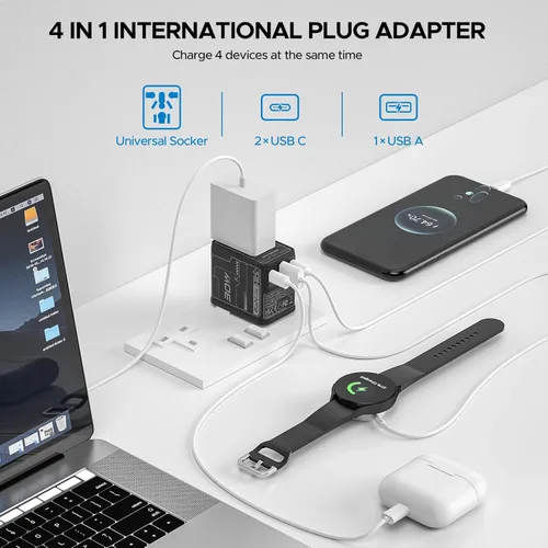 Miniatura 5 de Adaptador de viaje universal de 30 W GaN, KEY POWER Adaptador de corriente internacional todo en uno con 2 USB-C y 1 USB-A, convertidor de enchufe