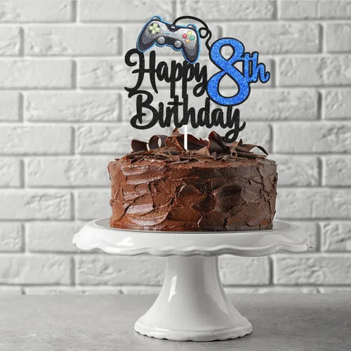 Miniatura 6 de Decoración de pastel de feliz cumpleaños 8 para videojuegos, fiesta de cumpleaños de 8 años, suministros de pastel azul, juego en nivel, decoración