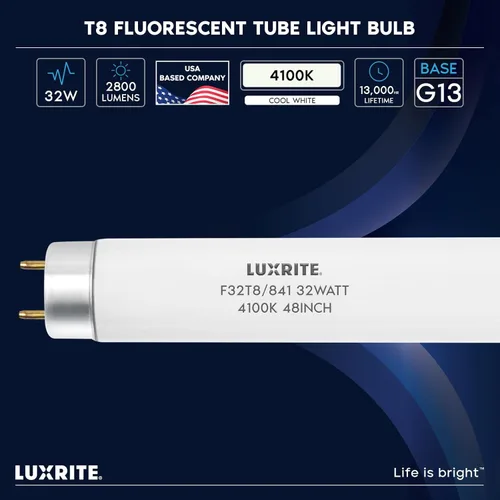 Miniatura 5 de LUXRITE Bombilla fluorescente F32T8/841 T8 (1 pulgada de diámetro), 32 W, 48 pulgadas, blanco frío 4100K, 2800 lúmenes, base de dos pines G13