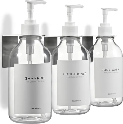 Miniatura 17 de MaisoNovo Dispensador de champú y acondicionador, dispensador de jabón de ducha montado en la pared, juego de 3 botellas de plástico ámbar de 16.9