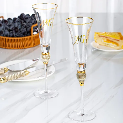 Miniatura 5 de Juego de cuchillos y servidores para tartas de boda, copas de champán Mr y Sra. Juego de corte de pastel dorado, vasos para novia y novio