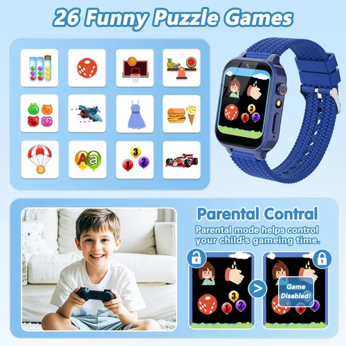 Miniatura 3 de Reloj inteligente para niños, regalo para niños de 3 a 12 años, 2 protectores de pantalla, 26 juegos de rompecabezas, cámara HD, video, reproductor