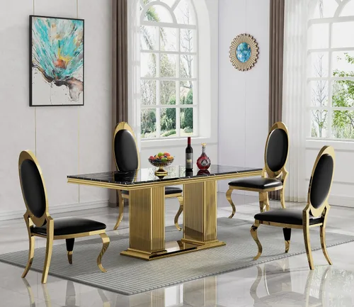 Miniatura 21 de Juego de mesa de comedor de mármol negro de lujo para 4, mesa de cocina dorada de 70 pulgadas y 4 sillas de cuero negro, juego de 5 mesas de comedor
