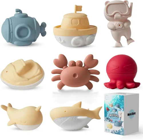 Miniatura 10 de MarcZero Juguetes de baño de silicona oceánica, 8 piezas para niños pequeños, juguetes de agua para la bañera, juguetes de piscina suaves