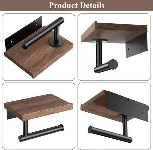 Miniatura 5 de Tindbea Portarrollos de papel higiénico con estante de madera, soporte de rollo de papel higiénico de madera para montaje en pared, accesorios