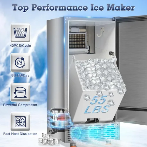 Miniatura 3 de Máquina comercial para hacer hielo debajo del mostrador, 88 libras/día con almacenamiento de 55 libras, máquina de hielo independiente de acero