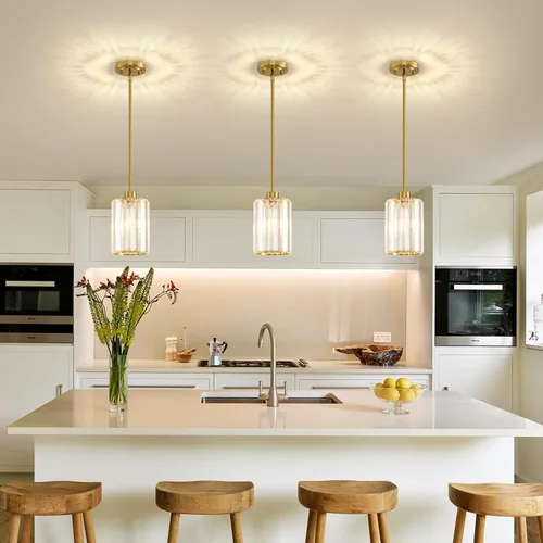 Miniatura 8 de Paquete de 2 luces colgantes para isla de cocina, modernas lámparas colgantes doradas, mini candelabro de cristal para isla de cocina, lámparas