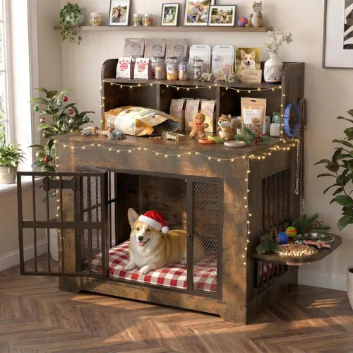 Miniatura 9 de Petrova Mueble de jaula para perros de 47 pulgadas para perros grandes/medianos, resistente para interiores con etiqueta de nombre, jaula de madera