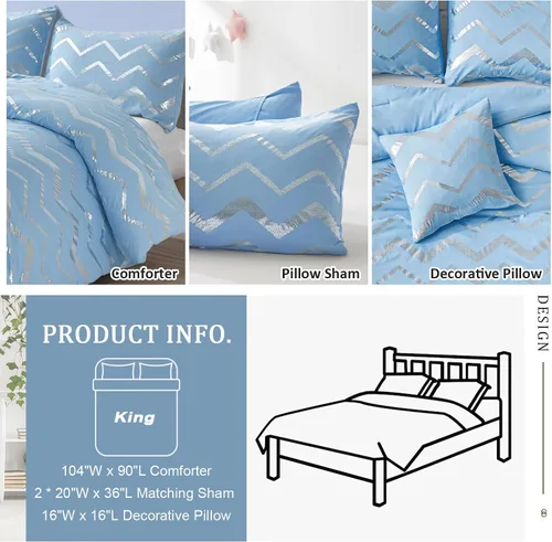 Miniatura 7 de Menghomeus Juego de edredón King con estampado metálico azul/plateado con purpurina, ropa de cama bonita y brillante para adolescentes, niñas, niños