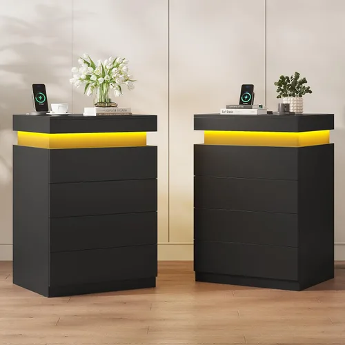 Miniatura 8 de ADORNEVE - Mesita de noche negra con cajones y luces LED, mesita alta con parte superior deslizable, mesa de cabecera con estación de carga, mesa