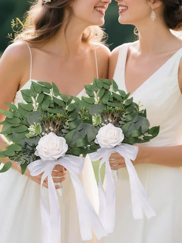 Miniatura 3 de Ramos de boda de rosas blancas para novia y dama de honor, tela de alta calidad, arreglos florales de eucalipto para boda, adecuados para despedida