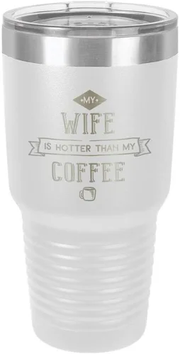 Miniatura 21 de Taza de viaje de acero inoxidable con popote y tapa superior deslizante My Wife Is Hot Than My Coffee Black de 30 onzas