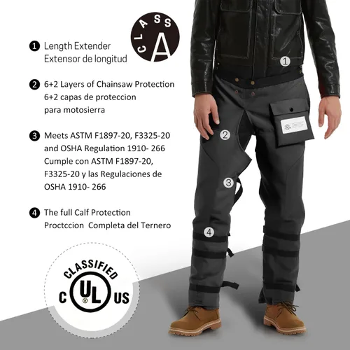 Miniatura 2 de Delantal protector de 8 capas para motosierra, pantalones ajustables para motosierra, para madereros, trabajadores forestales clase A Negro
