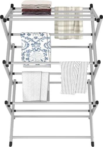 Miniatura 7 de Estante de Secado de Ropa Plegable para Interiores FKUO, para Secar y Colgar Ropa, Porta Toallas (Gris Plateado) para Almacenamiento