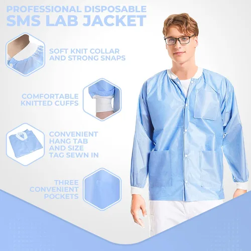 Miniatura 44 de Paquete de 10 chaquetas desechables de laboratorio, chaqueta médica reutilizable hasta la cadera, unisex, con puños de punto y bolsillos