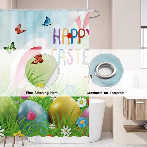 Miniatura 3 de Allenjoy Cortina de ducha de Pascua de 72 x 72 pulgadas, diseño de orejas de conejo divertidas de dibujos animados, jardín de primavera, huevos
