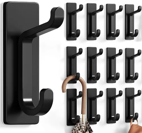 pickpiff Paquete de 12 ganchos de pared para abrigo y toalla: colgador adhesivo de puerta de 13 libras, color negro