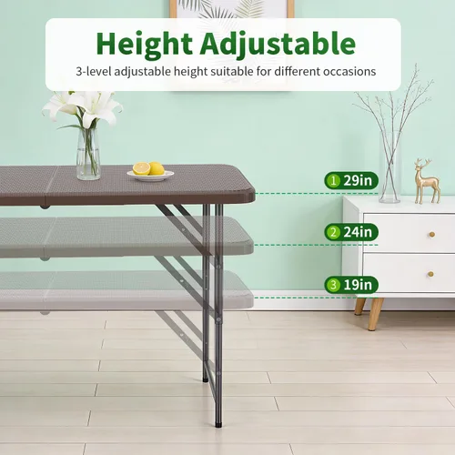 Miniatura 5 de BestOffice Mesa de picnic plegable de 4 pies, mesa de plástico para campamento, cerradura de mesa plegable para eventos de fiesta, color marrón